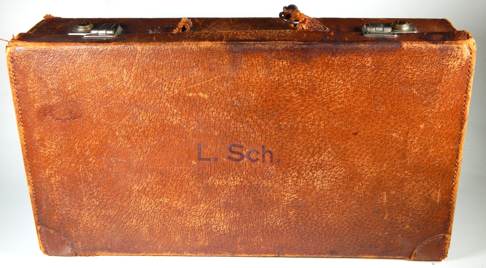 1930-50s LEATHER SUITCASE AGE PATINATION TRAVEL STICKERS EMBOSSED MONOGRAM 18×10