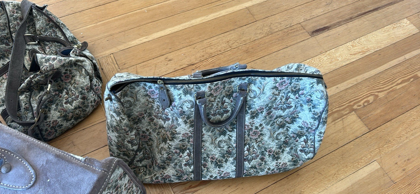 French Company- Vintage, carry on size- Floral Tapestry Suede Leather duffle