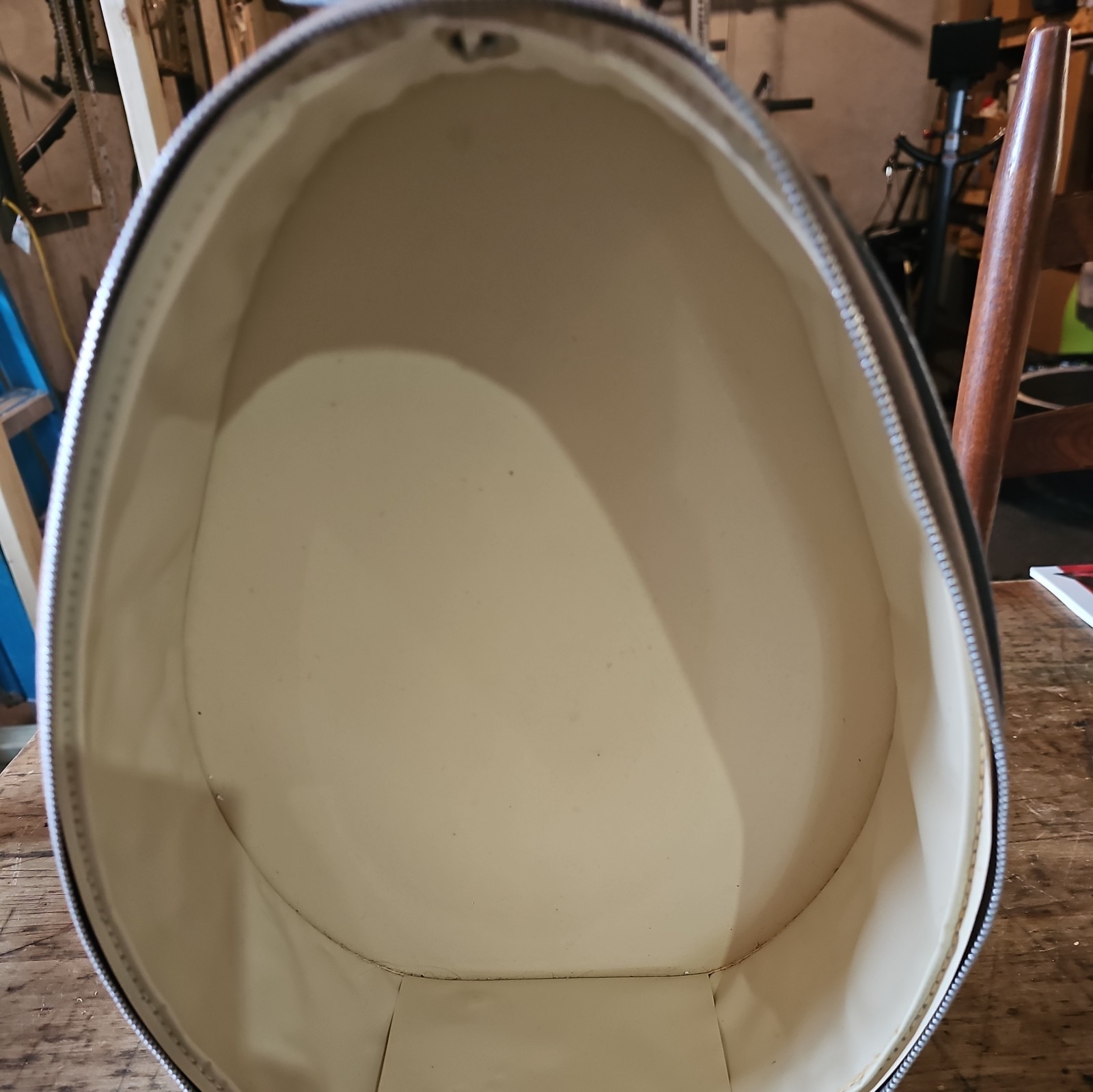 Vintage Gray Travel Hat Box Suitcase Oval Teardrop Egg Shape Zip Handle