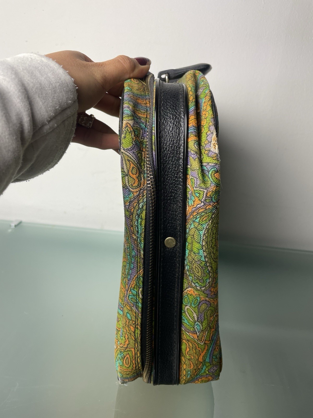Vtg 1960 Paisley Mod Travel Hand Luggage Briefcase Canvas Multicolor AOP Japan