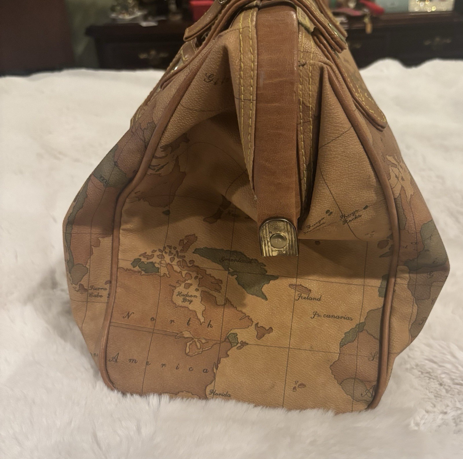 VTG Gitano World Map Duffel Bag Tan Faux Leather Travel Weekender Carry On Tote