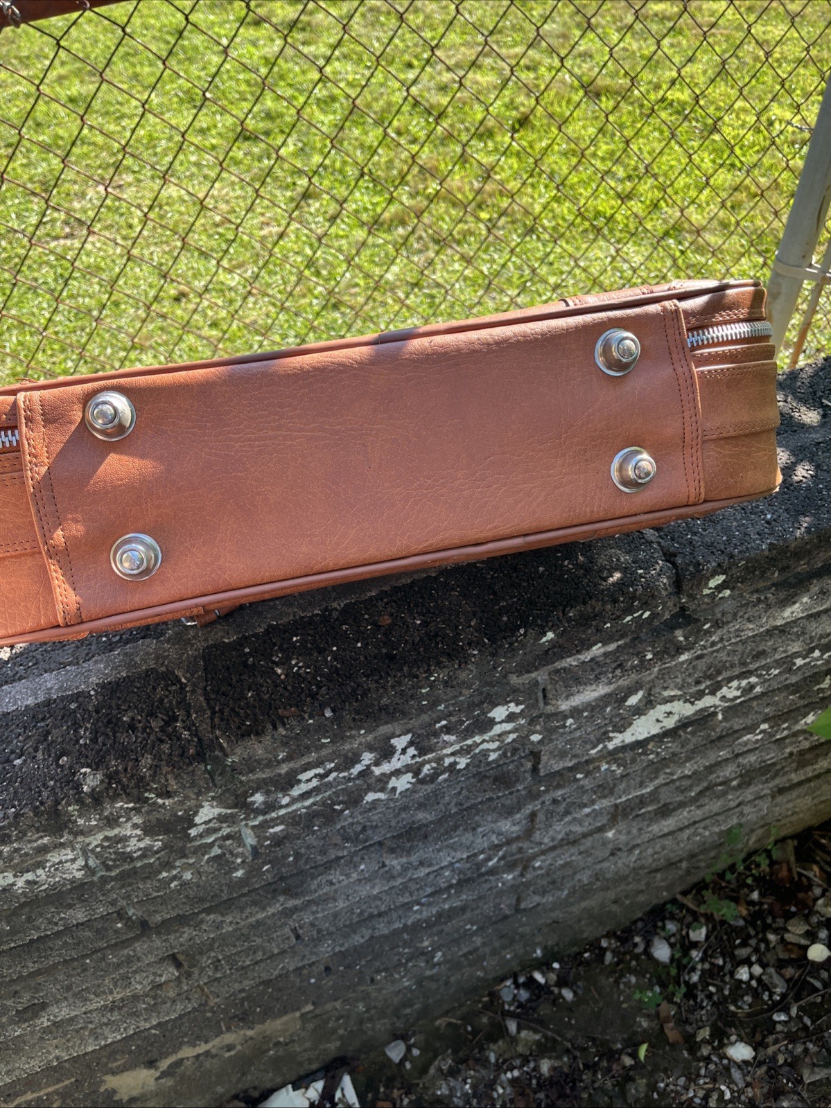 Vintage Tan Faux Leather Suitcase – 22” Retro Carry On Case W/ Buckles See Pics