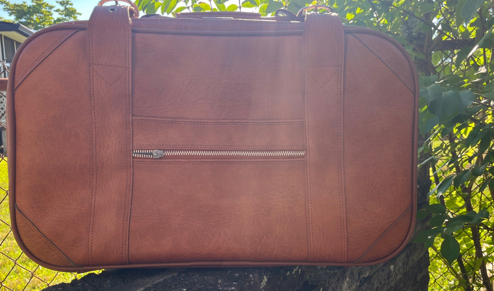 Vintage Tan Faux Leather Suitcase – 22” Retro Carry On Case W/ Buckles See Pics