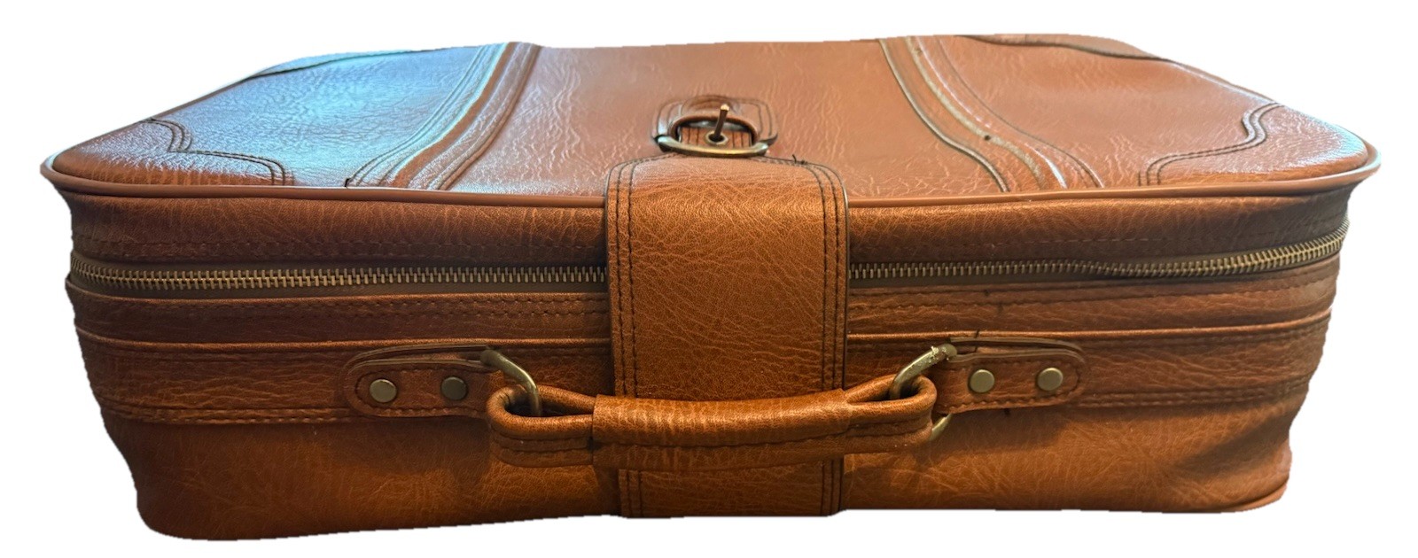Vintage Unbranded Faux Leather Mid Century 1970’s Brown Belted Luggage23x15x6.5”