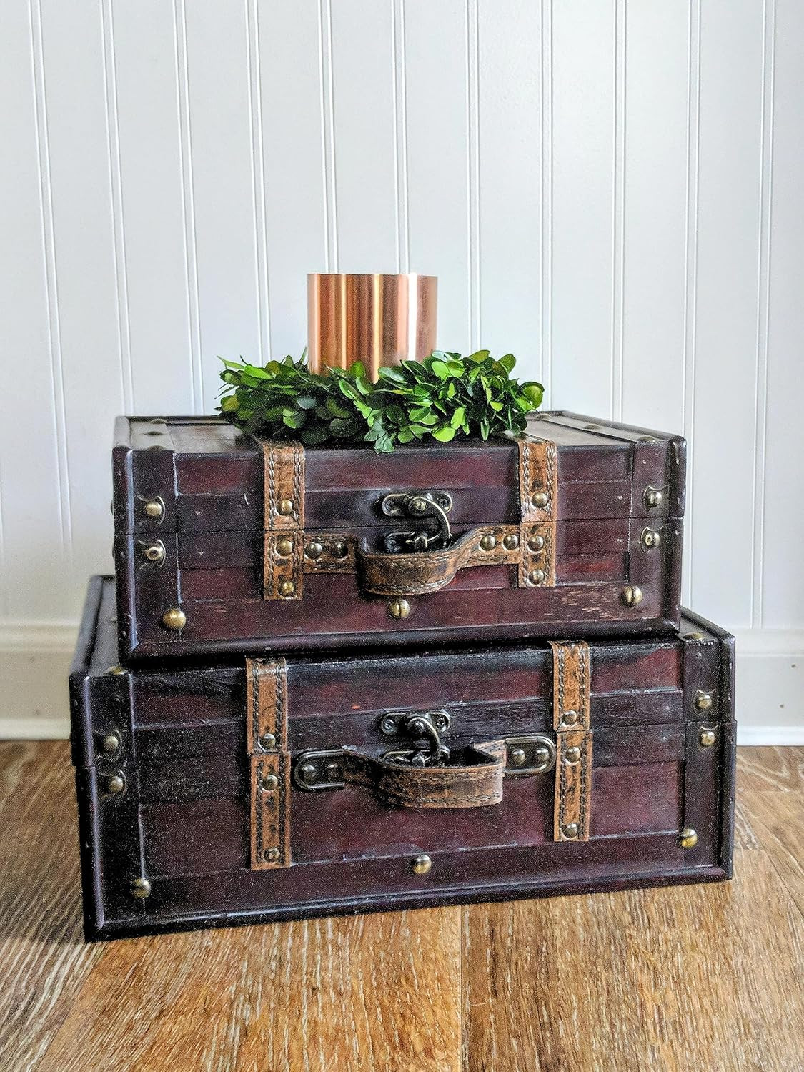 Vintage Wooden Luggage Trunks – Set of 2 Decorative Antique Suitcase Boxes
