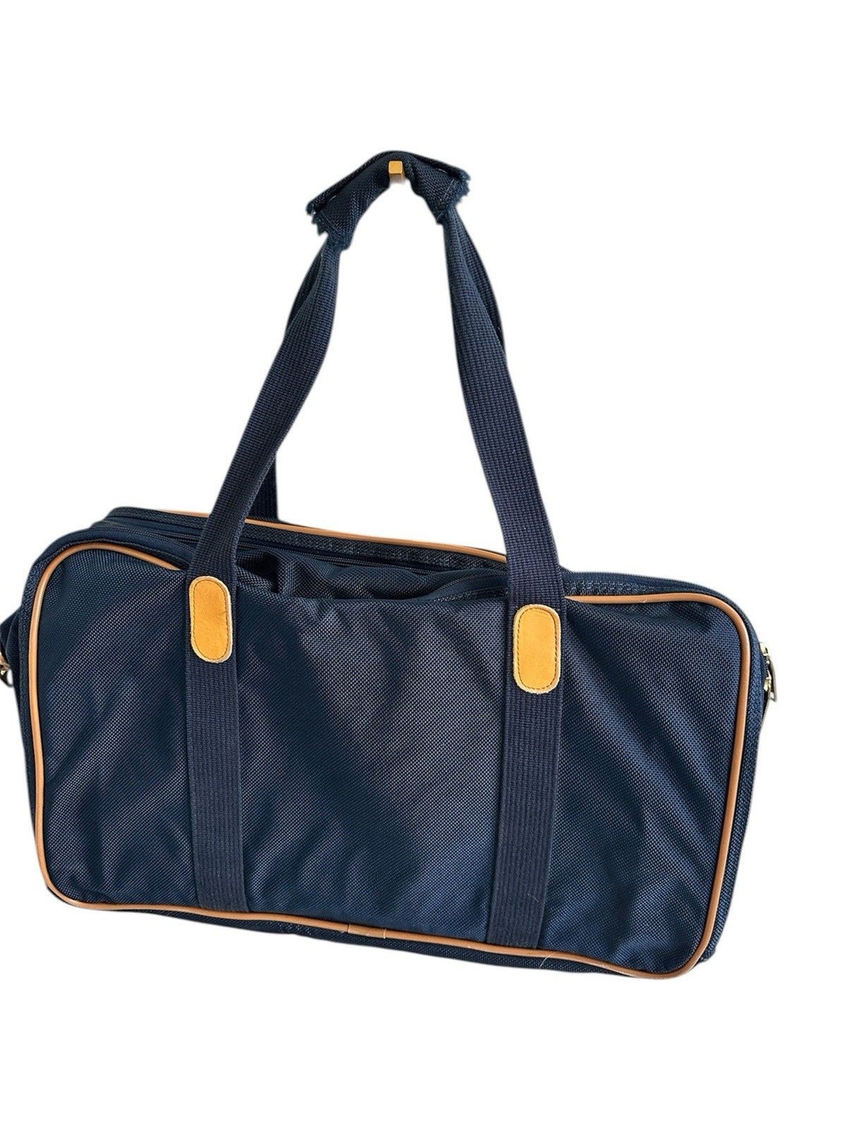 London Fog VTG Navy Canvas Weekender Duffle Bag Big Ben Logo Lining Leather Trim