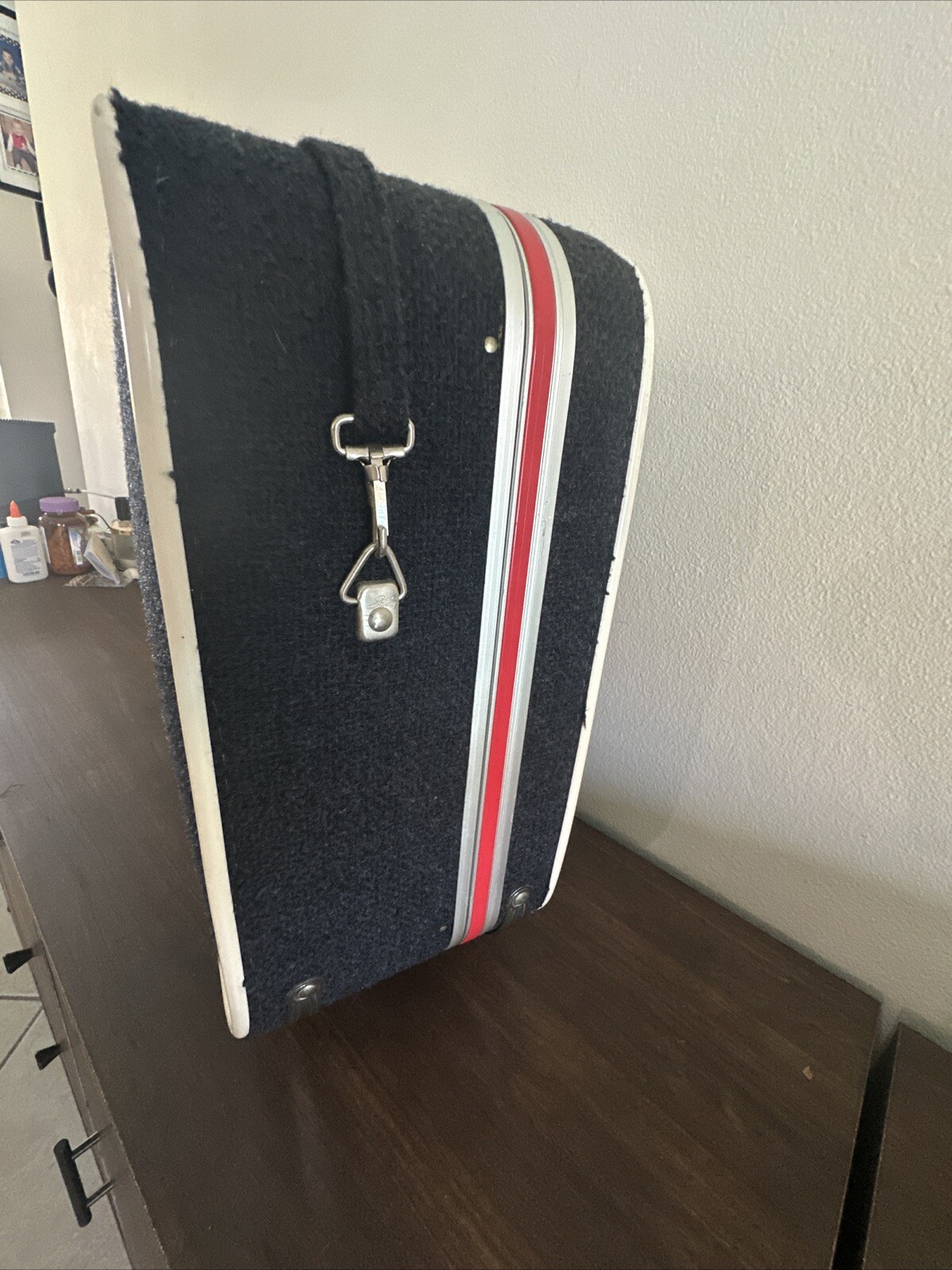 Skyway Navy Wool Tweed Medium Suitcase Travel Luggage Vintage Combo Lock Rolling