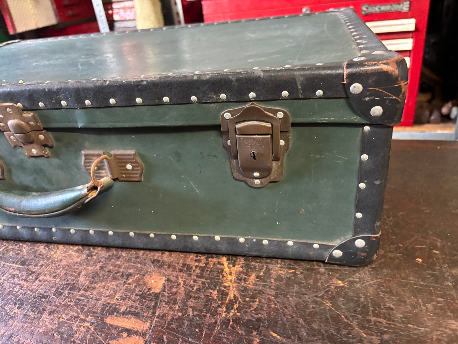 Antique Suitcase Riveted Binding Brass Hardware 1920’s Heritage Green & Black