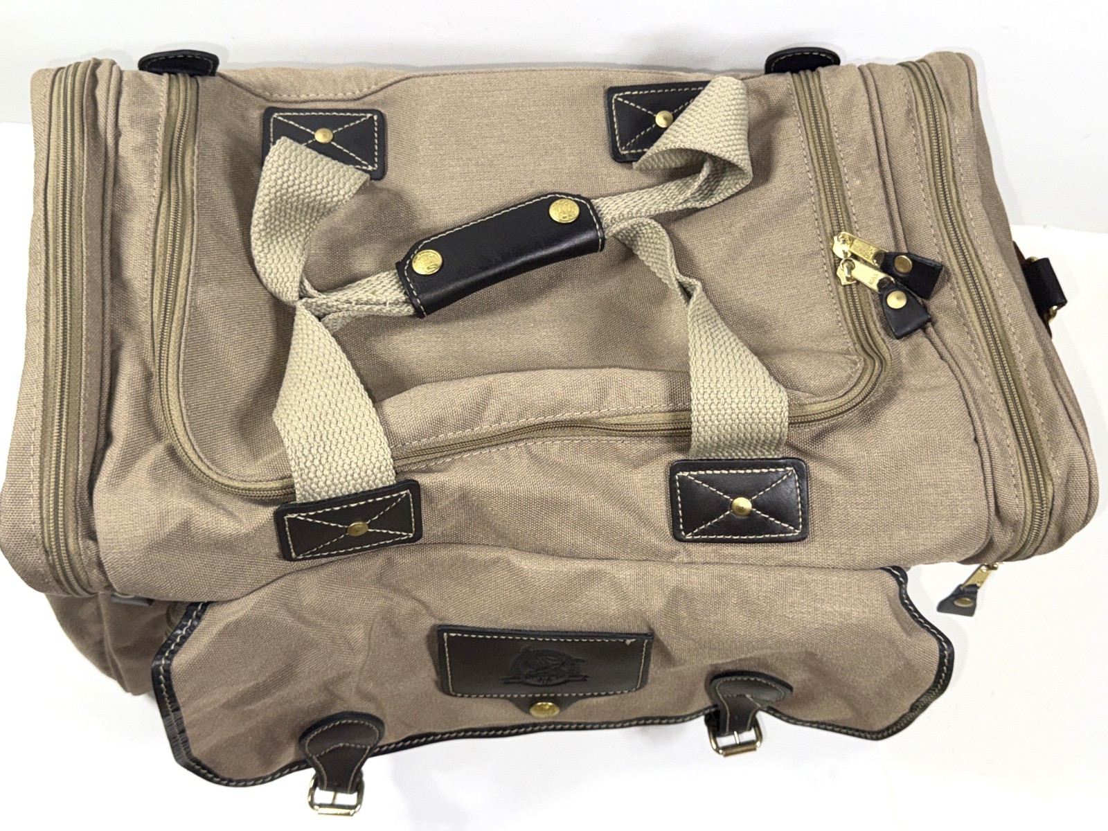 VTG Eddie Bauer Ford Motor Co Tan Canvas Leather Duffle Bag Travel Carry-on 19″