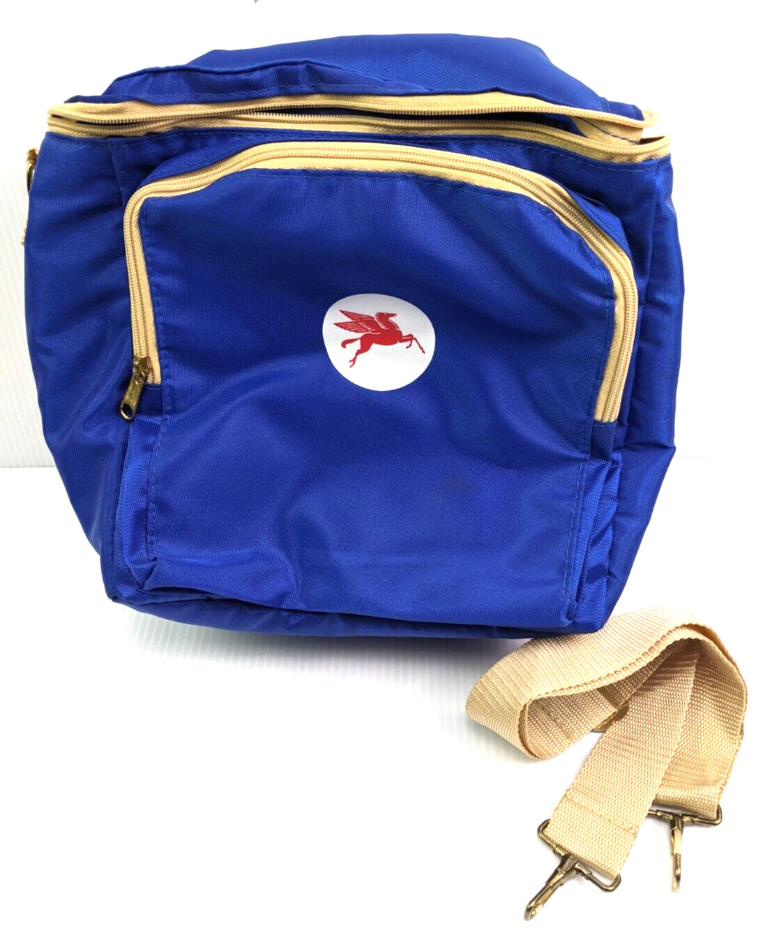 Vintage Carry-on travel bag Mobil Oil logo 1970s Insulated Blue 10″x12″x8″