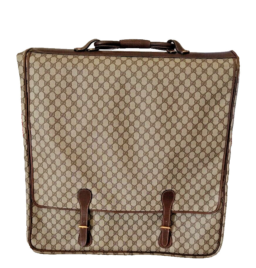 80s Vintage Authentic Large Gucci Brown GG Garment Bag with compartments