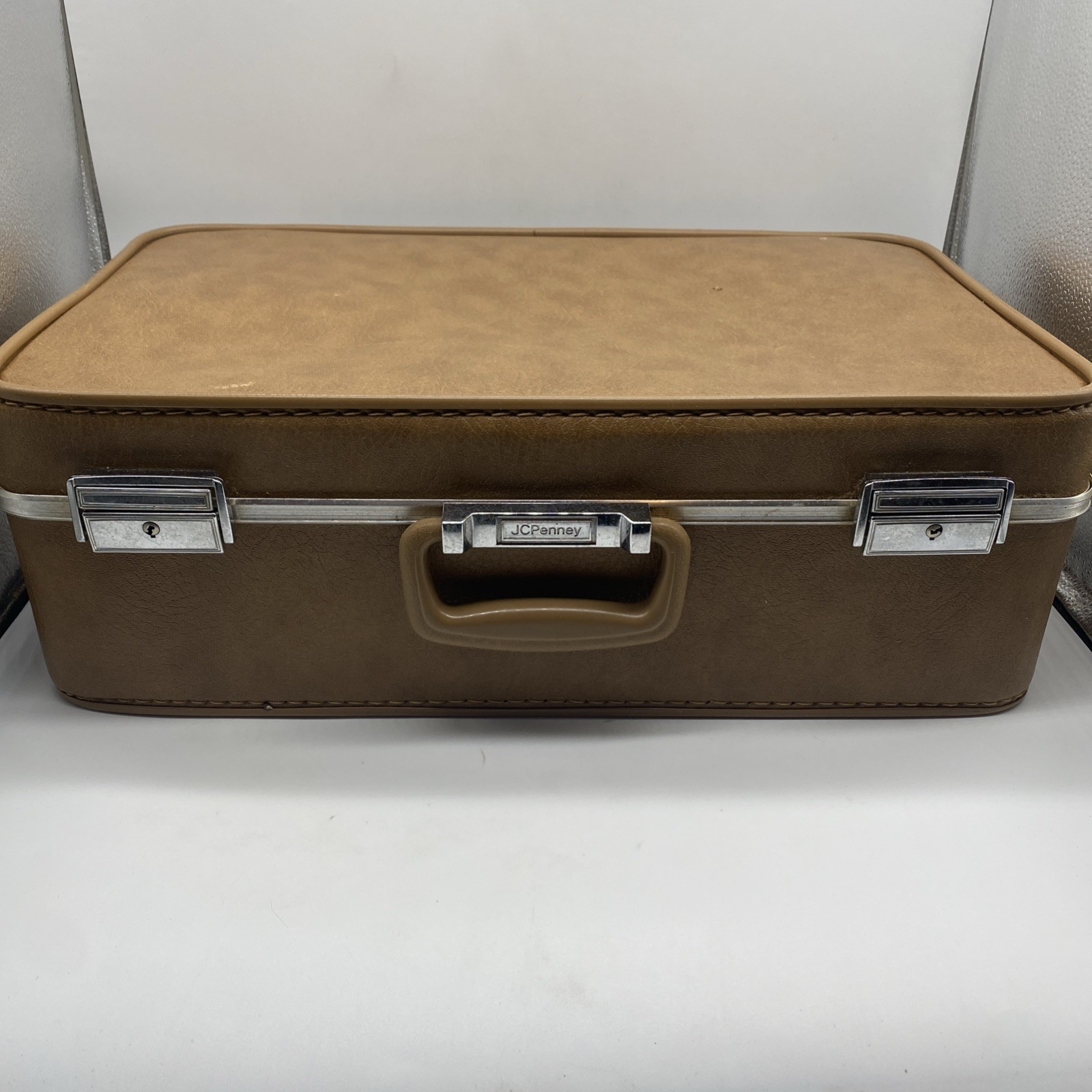 Vintage JC Penney Towncraft Brown Hardshell Faux Leather Suitcase Luggage