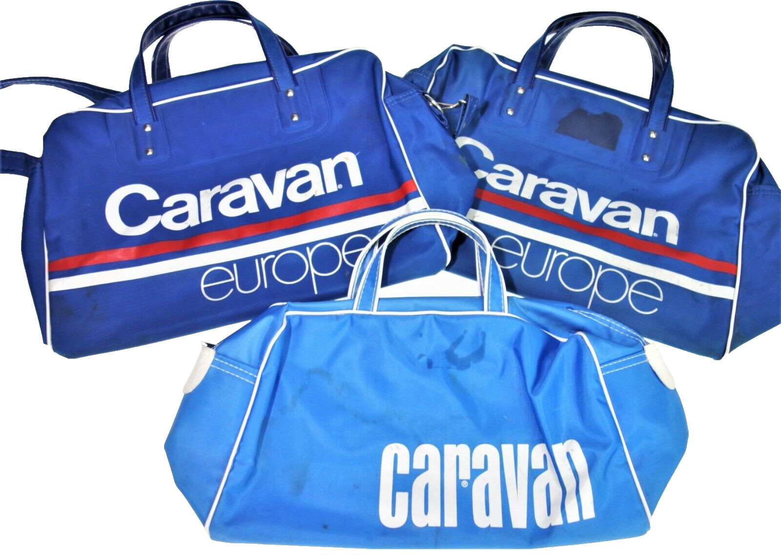 3 CARAVAN Vtg 80s Travel Carry On Luggage Overnight Bags Retro Blue