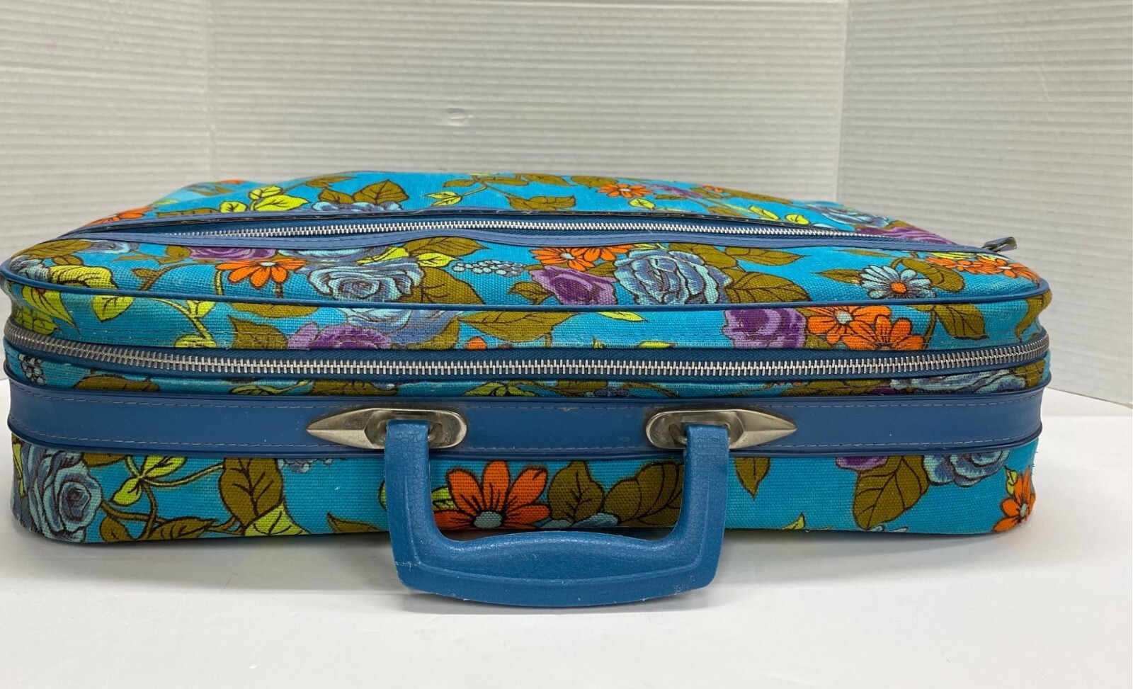 Vintage 70s Floral Bantam Soft Suitcase Blue Orange Yellow Hippie Boho Carry-on