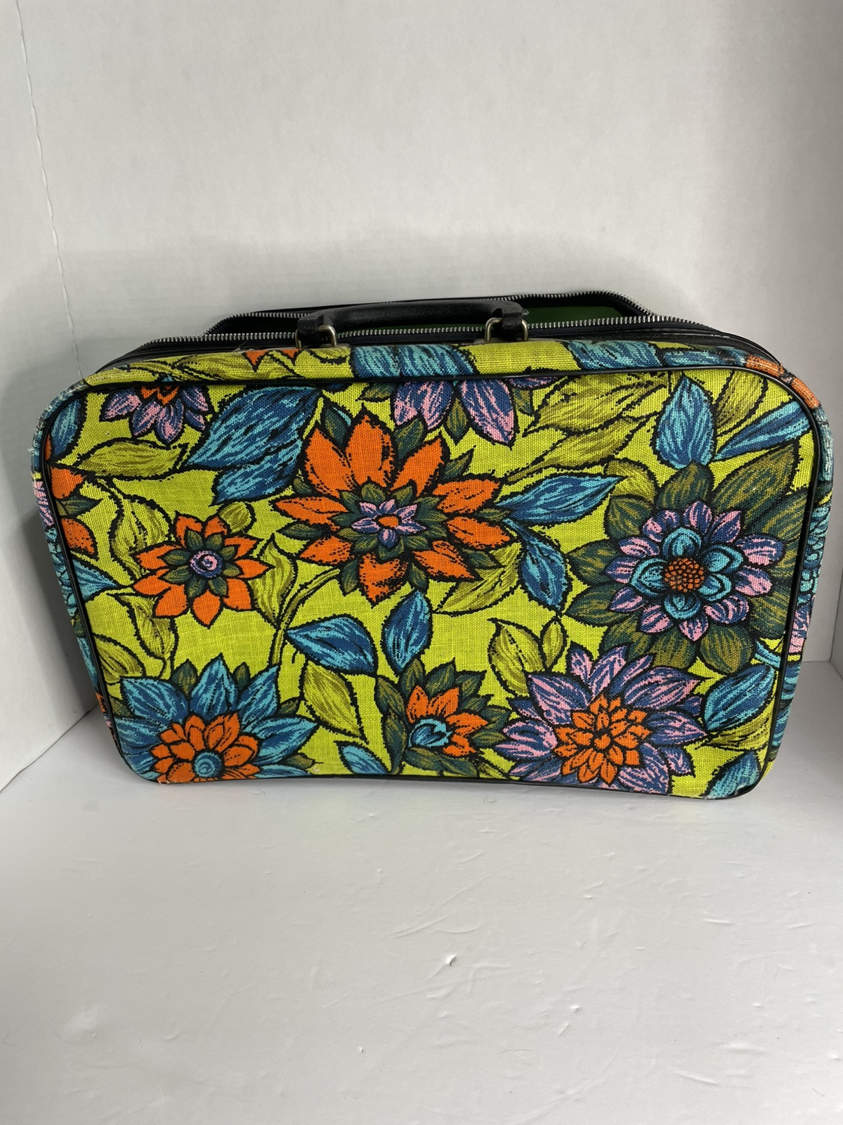 Vintage Suitcase Bantam Flower Luggage Canvas Lock Zipper 1960s 16×11” Retro