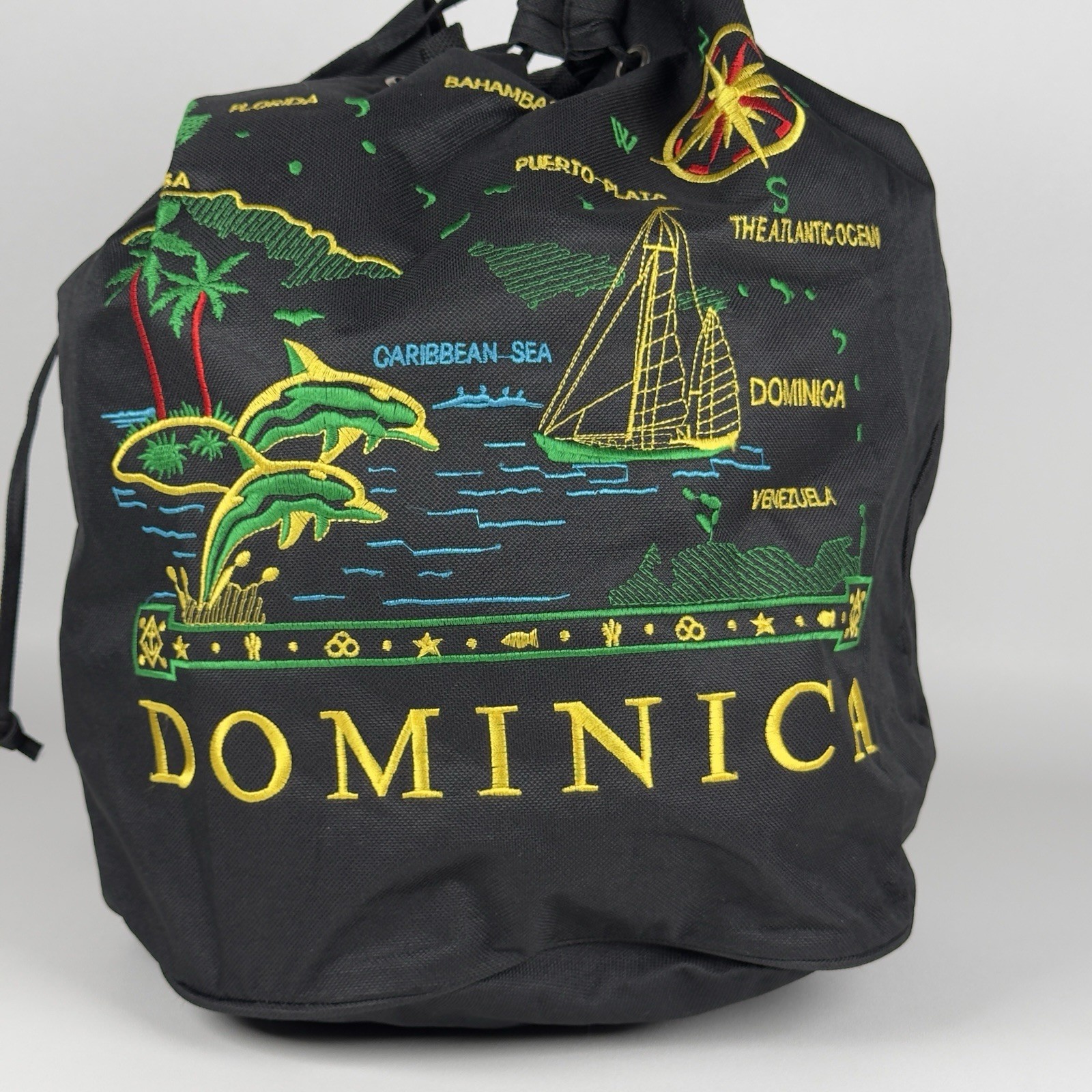 Embroidered Dominica Bucket Backpack Tourist Bag with Straps Drawstring Closure