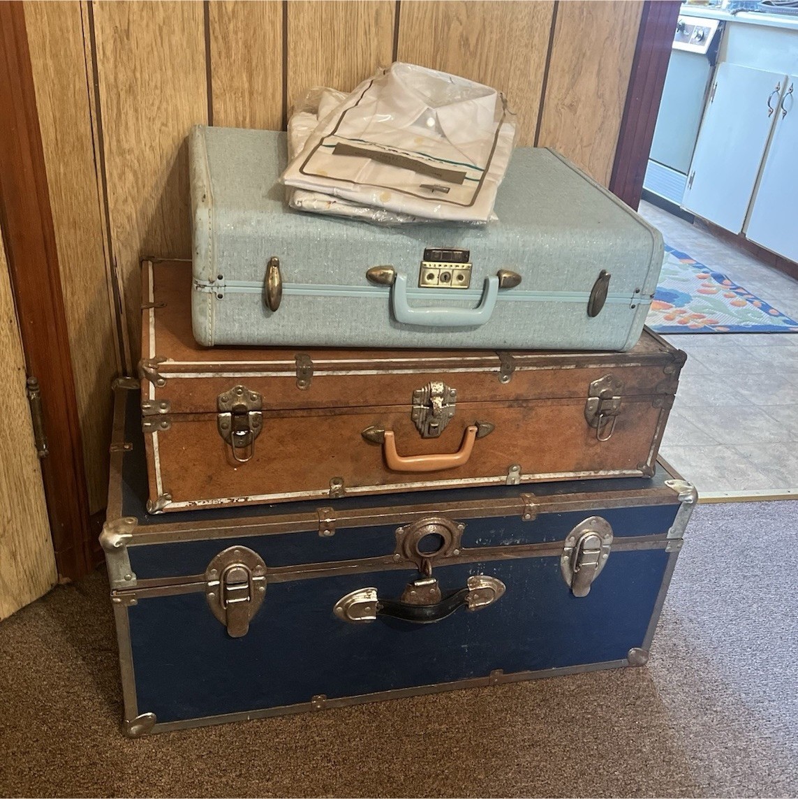 Lot of 3 True Vintage 1960s Hard Leather Locking Suitcases Blue Brown Gray