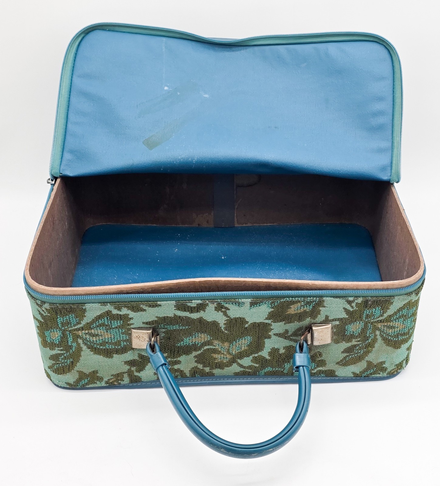 Vtg Suitcase 60’s – 70’s Mod Flower Cloth Blue Green Train Case Luggage 15”