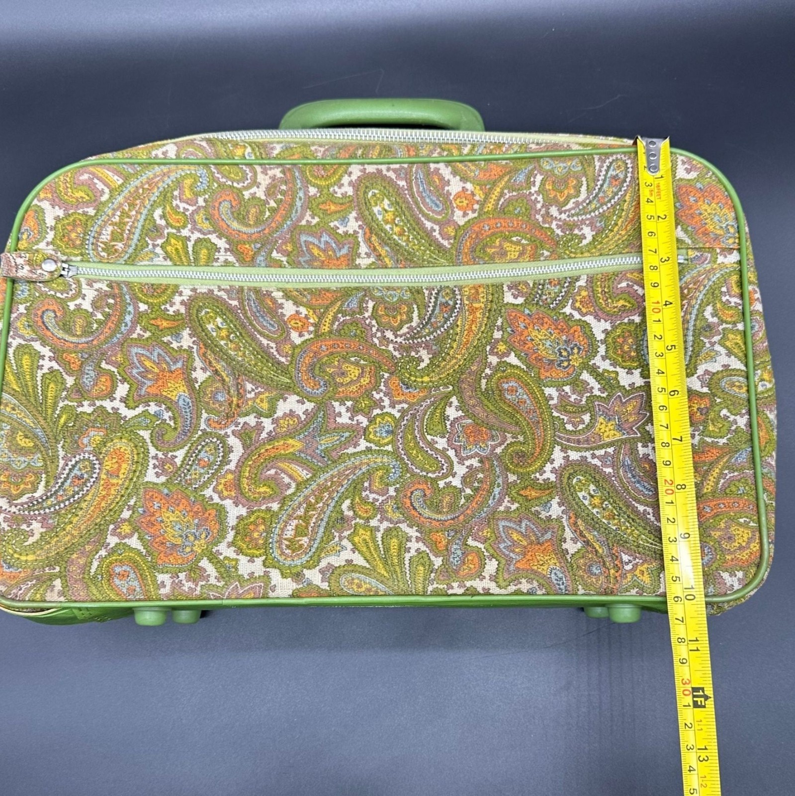 Vintage Suitcase Key Paisley Avocado Green Orange 1970s Travel Canvas Luggage