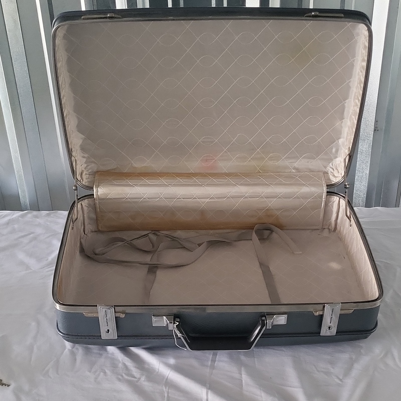 American Tourister Vintage Hard Shell Gray Suitcase Locking with Key 1960s