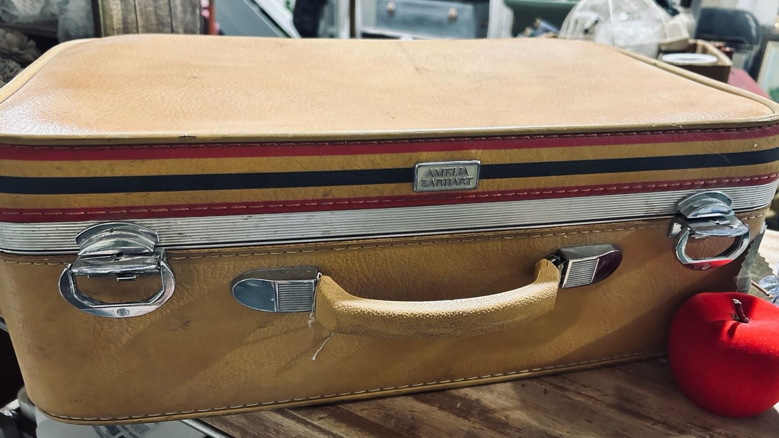 Vintage Amelia Earhart Mustard Yellow Hardside Train Case w/ Red/ Black Stripes