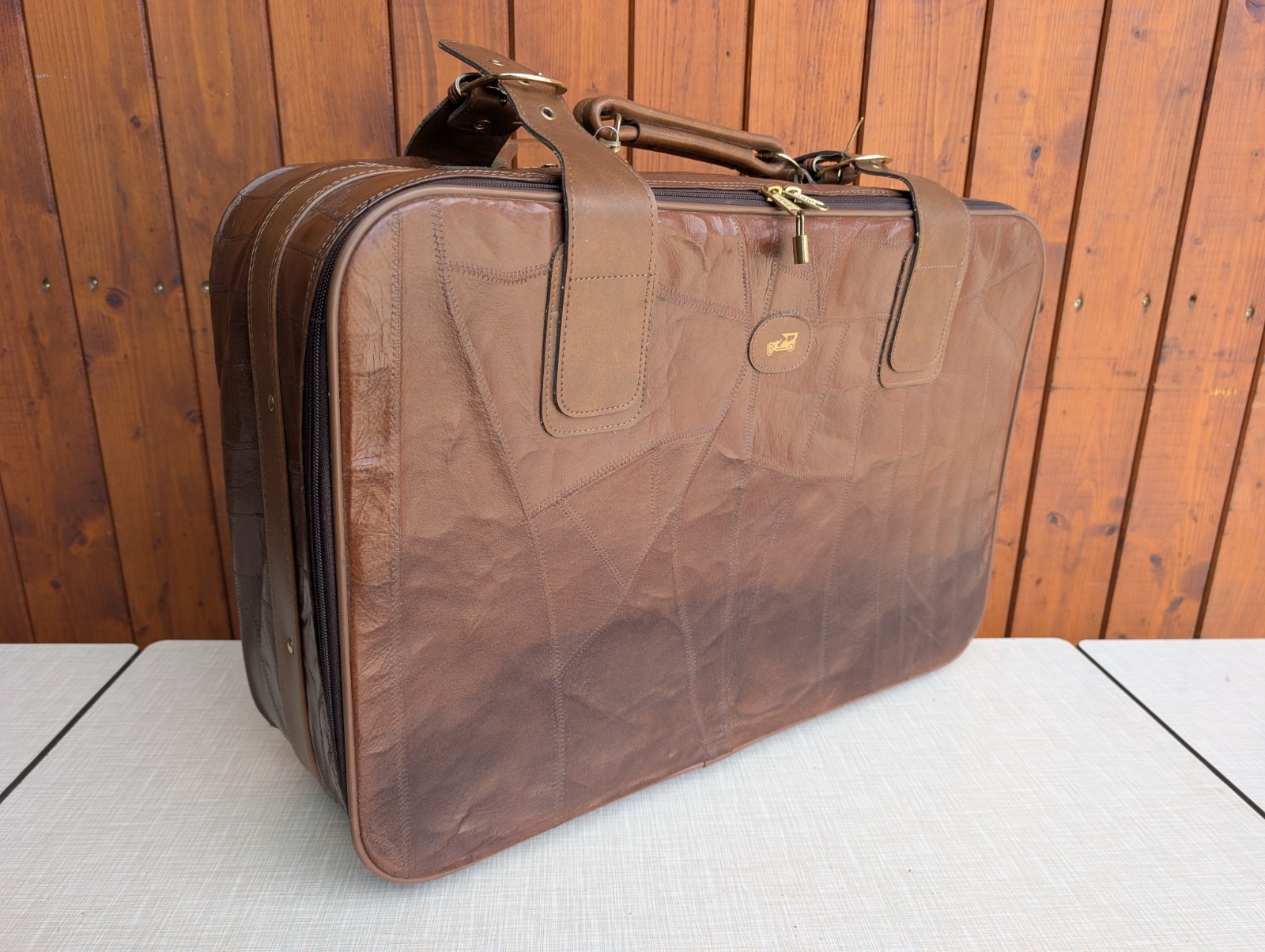 Vintage Retro Travel Suitcase 70s Genuine Leather Brown Mid Century Weekender 17