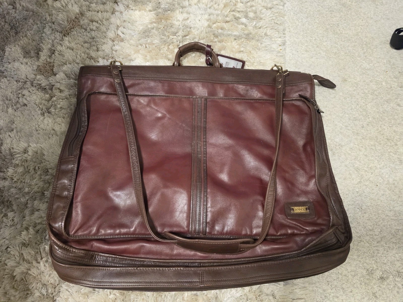 Vintage LAND Brown Leather Luggage Carry Traveling Bag With 3 Hangers