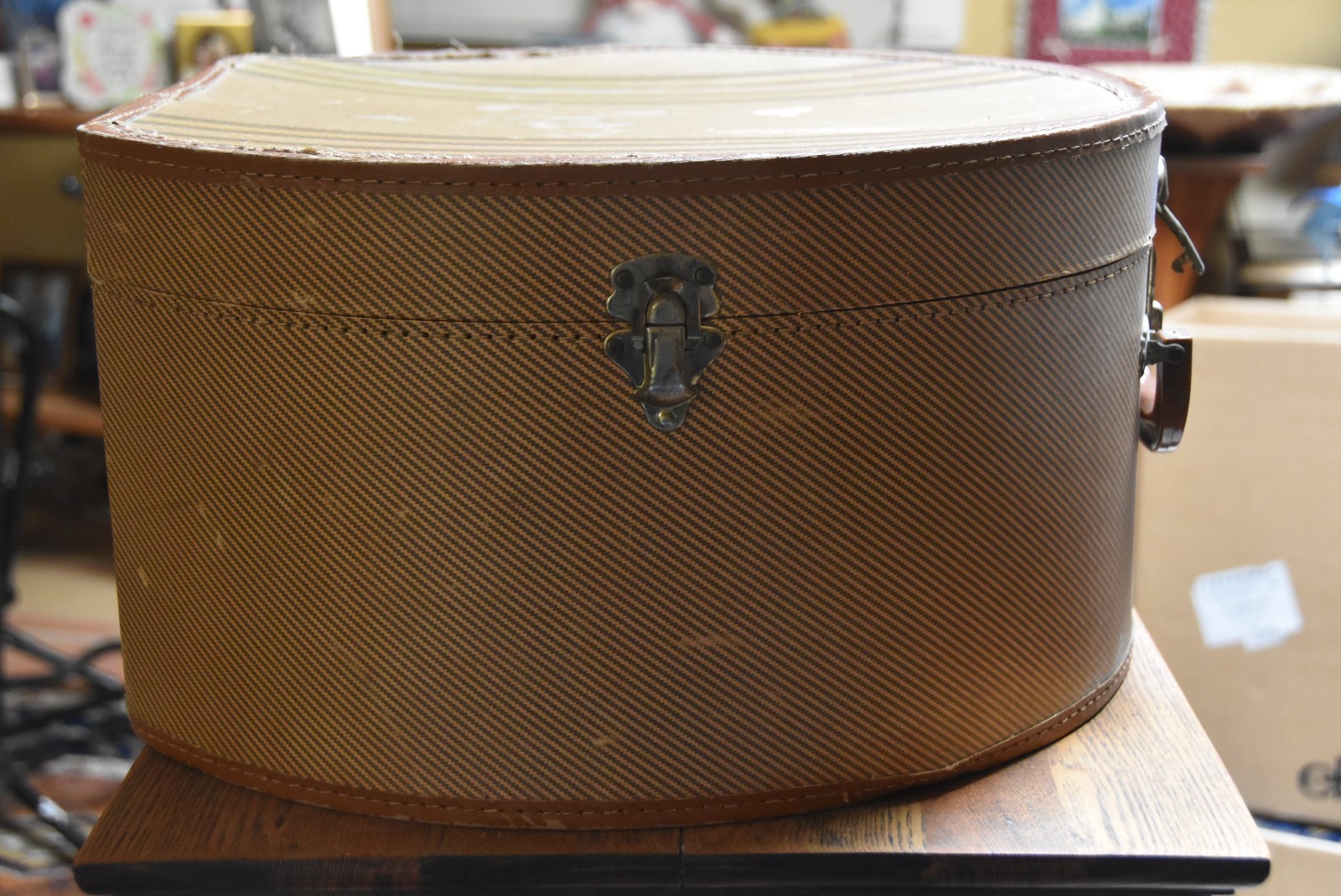 Vintage 1920s Round Suitcase Textured Beige Pin Stripped Vinyl w/ Leather Trim*