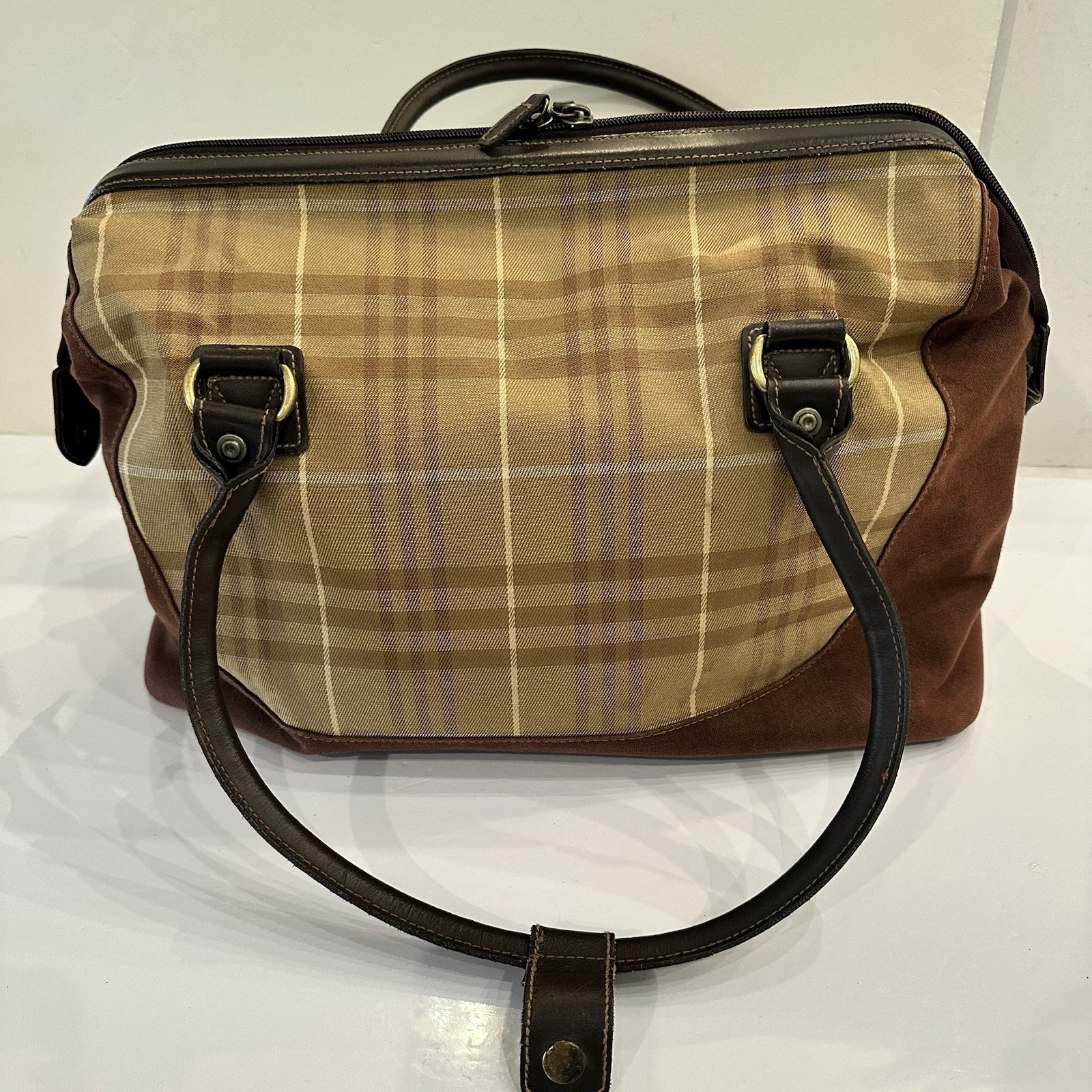 Vintage Eddie Bauer Brown Plaid Canvas & Leather Travel Duffle Satchel Bag