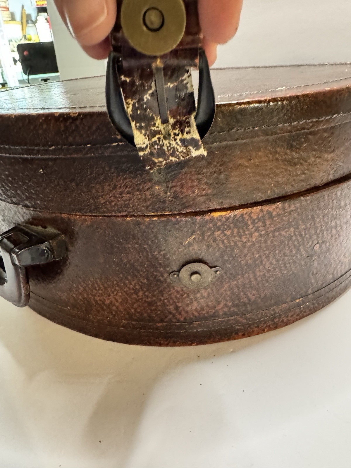 Antique Faux Leather Travel Hat Box Luggage Brown 14x10x9in See Photos