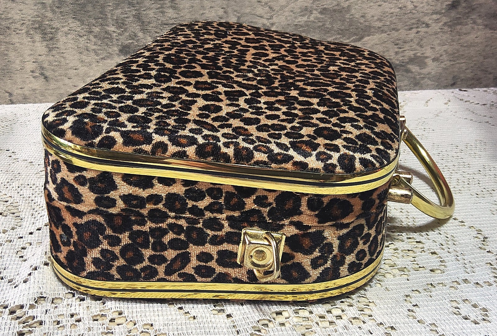 Vintage Leopard Print Jewelry Box Train Case Mid Century Modern Gold Tone Mirror