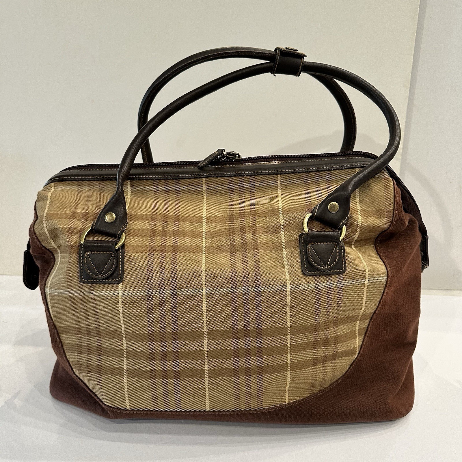 Vintage Eddie Bauer Brown Plaid Canvas & Leather Travel Duffle Satchel Bag