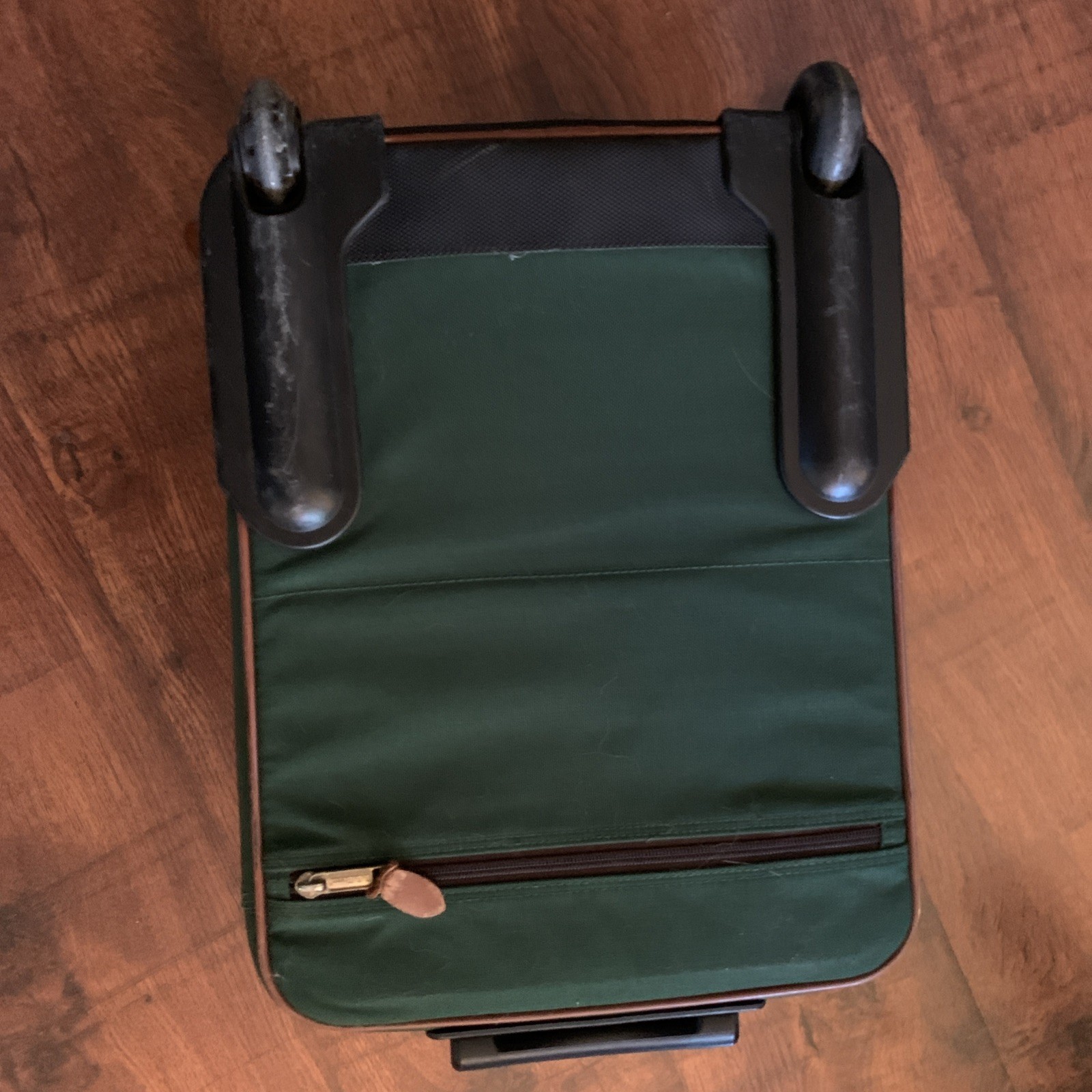 Vintage 80’s LL Bean Rolling Suitcase Luggage Green Leather Trim 12″W 18”H 8”D