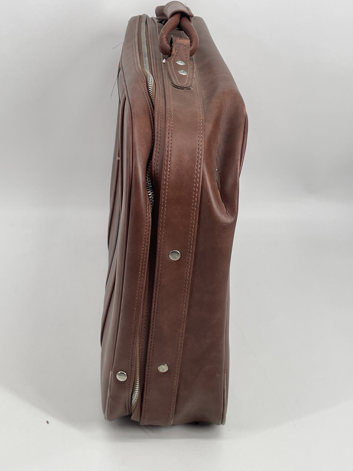 Vintage Faux Leather Carry-On Suitcase Brown Green Red Stripe Retro Korea
