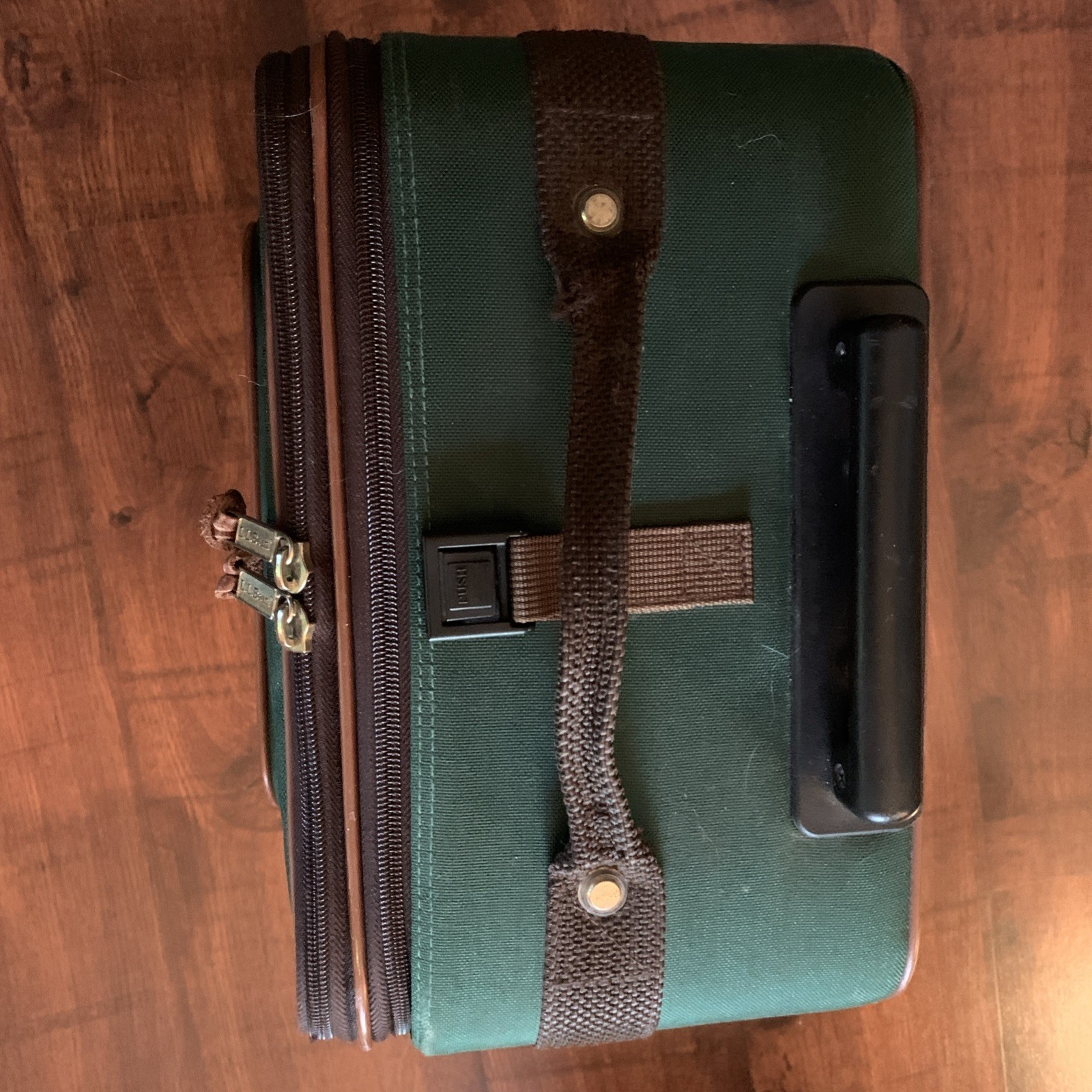 Vintage 80’s LL Bean Rolling Suitcase Luggage Green Leather Trim 12″W 18”H 8”D
