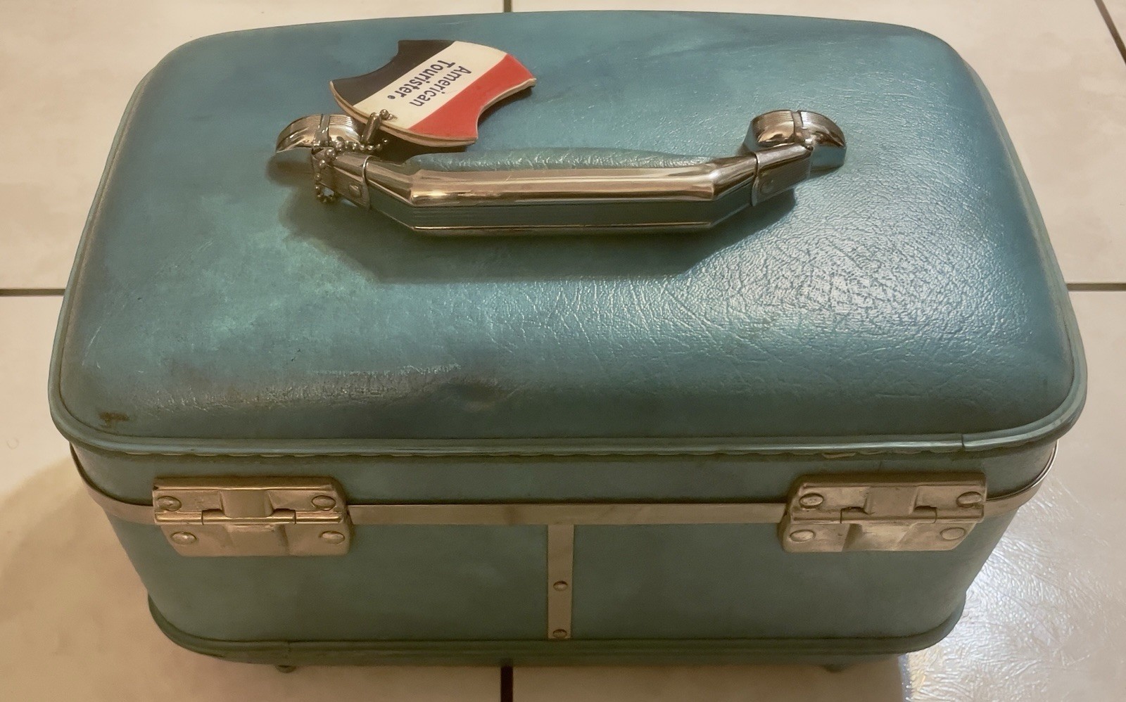 Vintage American Tourister Train Case – Blue Teal Makeup Box – Mid Century Decor