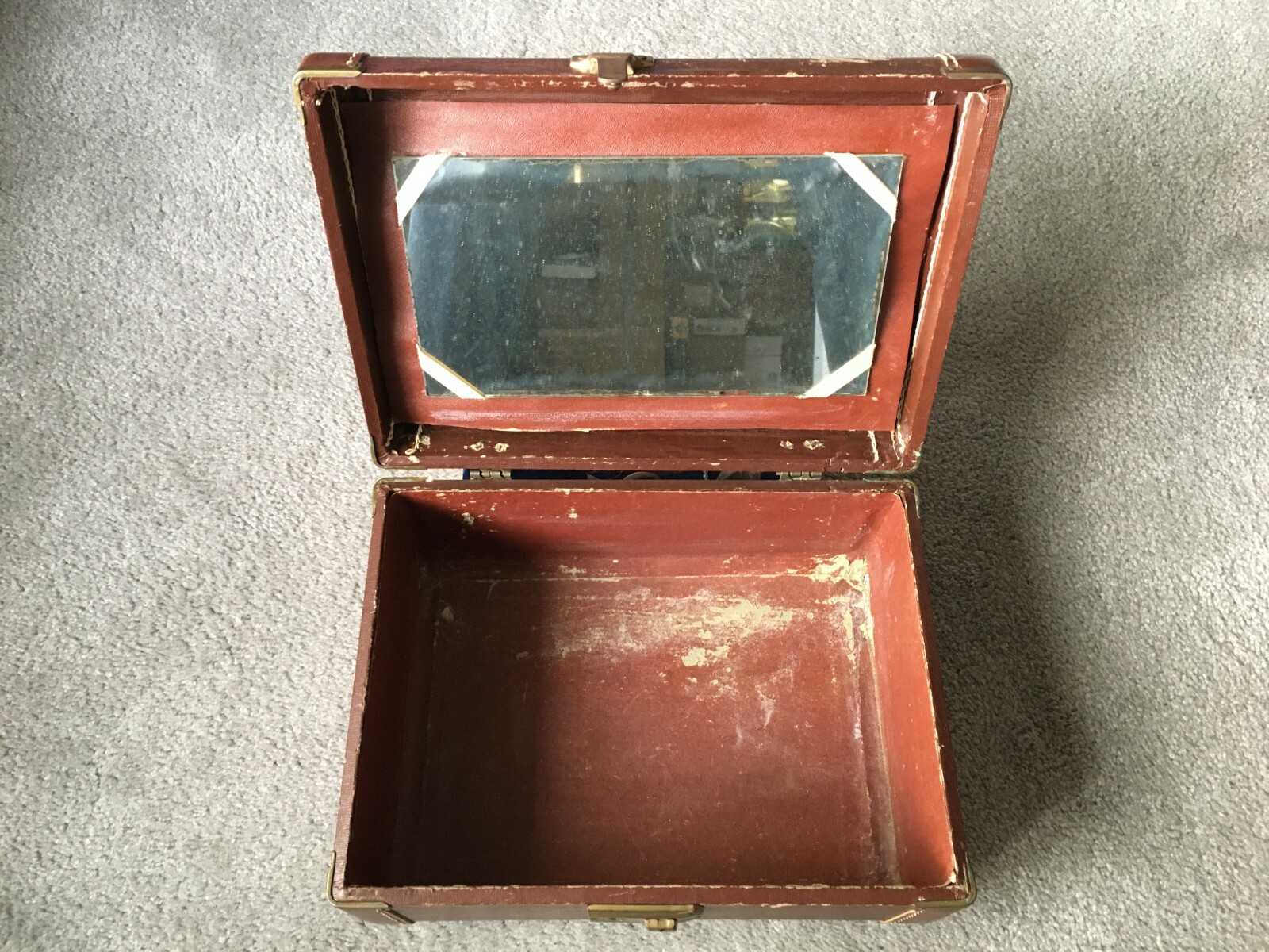 Vintage Hard Wood Contact Paper Train Case Cosmetic Luggage Suitcase with Mirror
