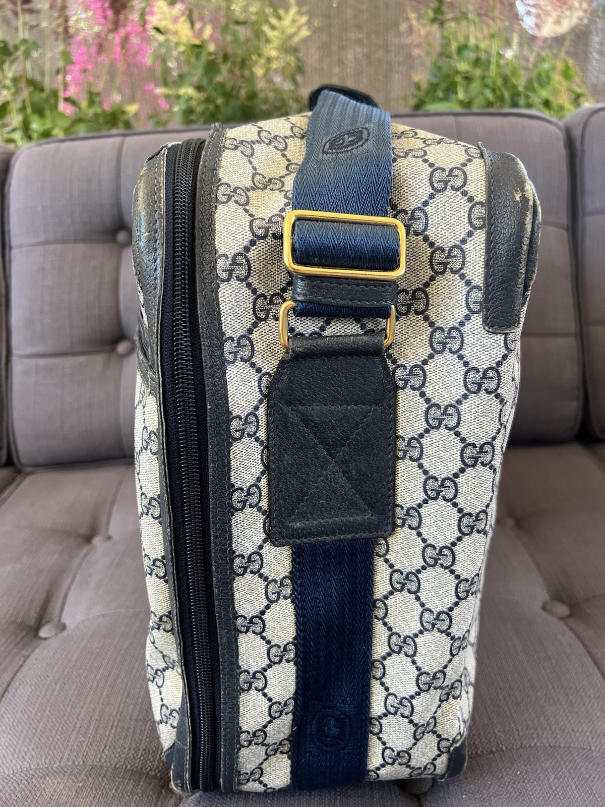 Authentic Vintage 1970s GUCCI Blue GG Monogram Coated Canvas Pilot Travel Bag