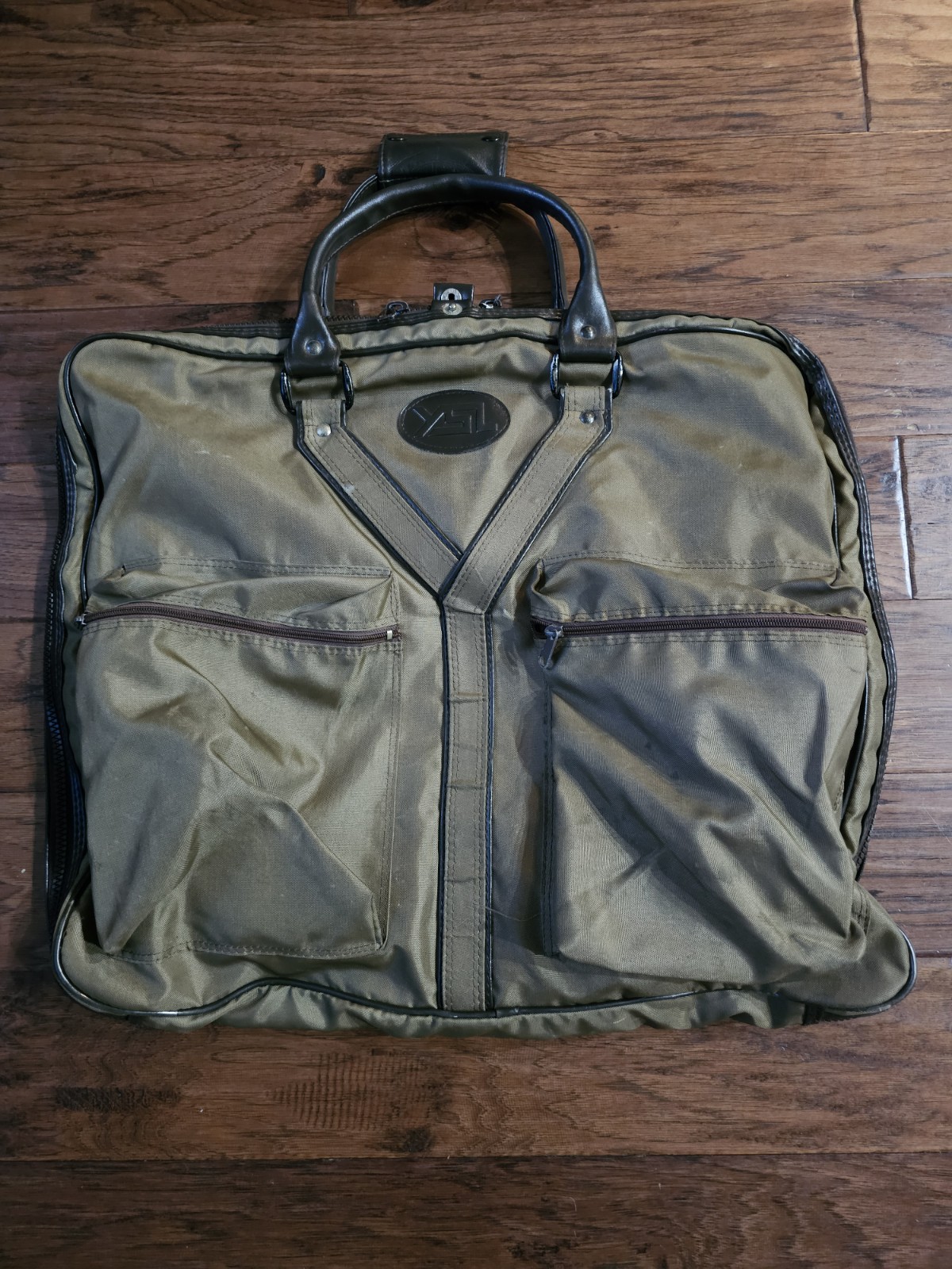 2 pc Yves Saint Laurent YSL Leather Trim Olive Weekender Bag and Garment bag vtg