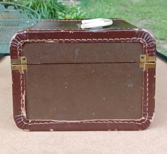 Canvas Covered Hard Brown Travel Train Case Leather Handle No Key Worn VtgDecor