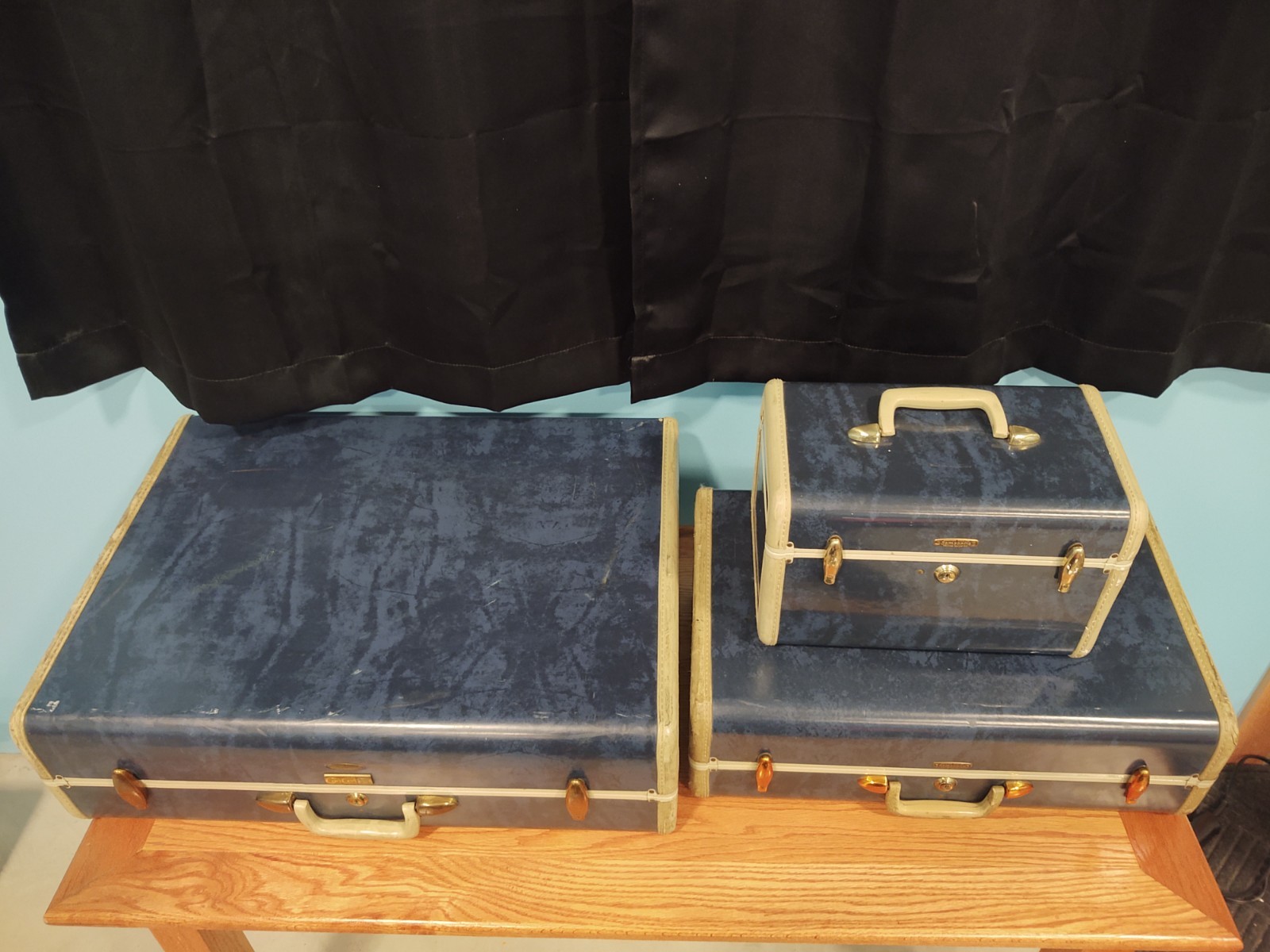 Vintage 1950’s SAMSONITE Shwayder Bros Luggage 3 Pc Set Suitcases Marble Blue