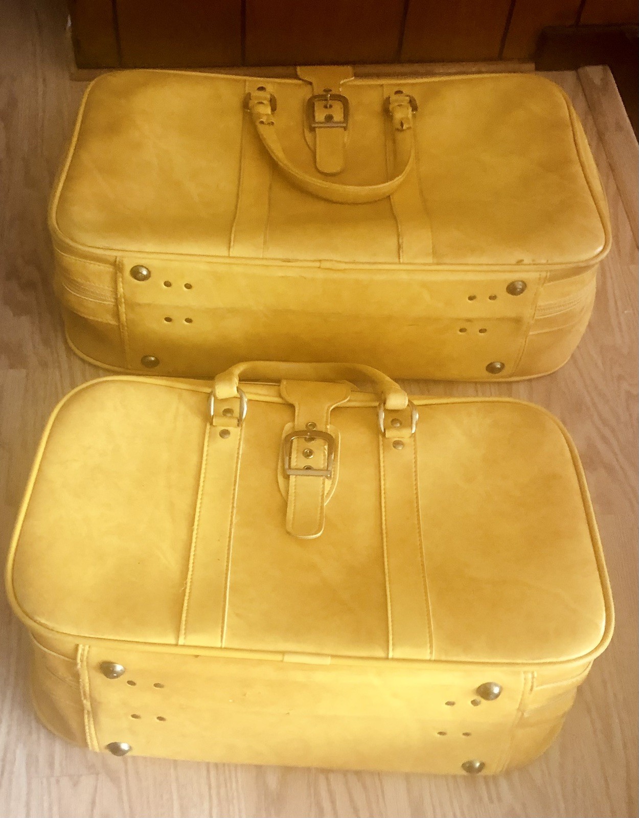 Vtg Mustard Yellow Travel Suitcases Nesting Luggage’s Faux Leather