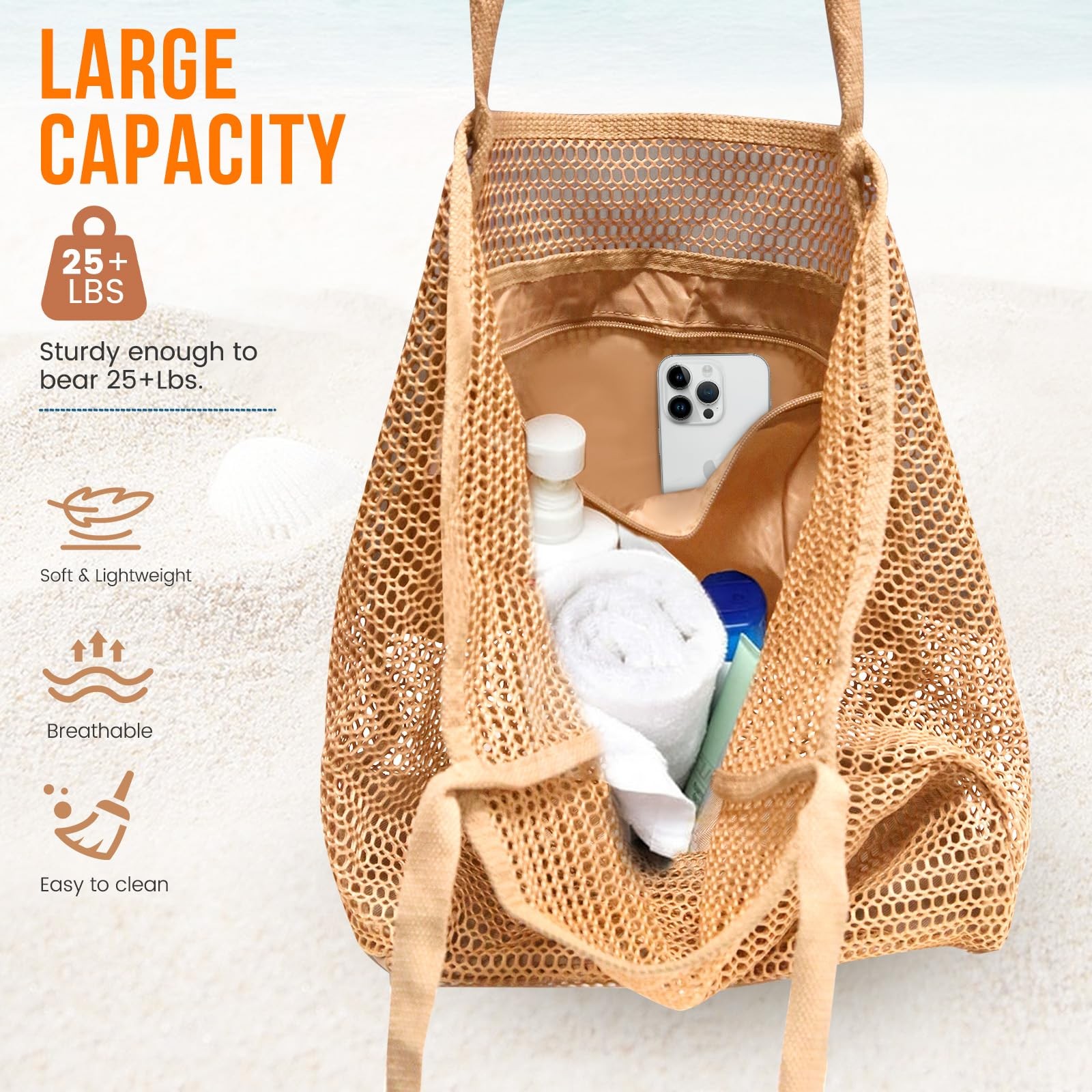 Hohom Beach Bags For Women Summer Travel Mesh Tote Bag Large Inner Pocket