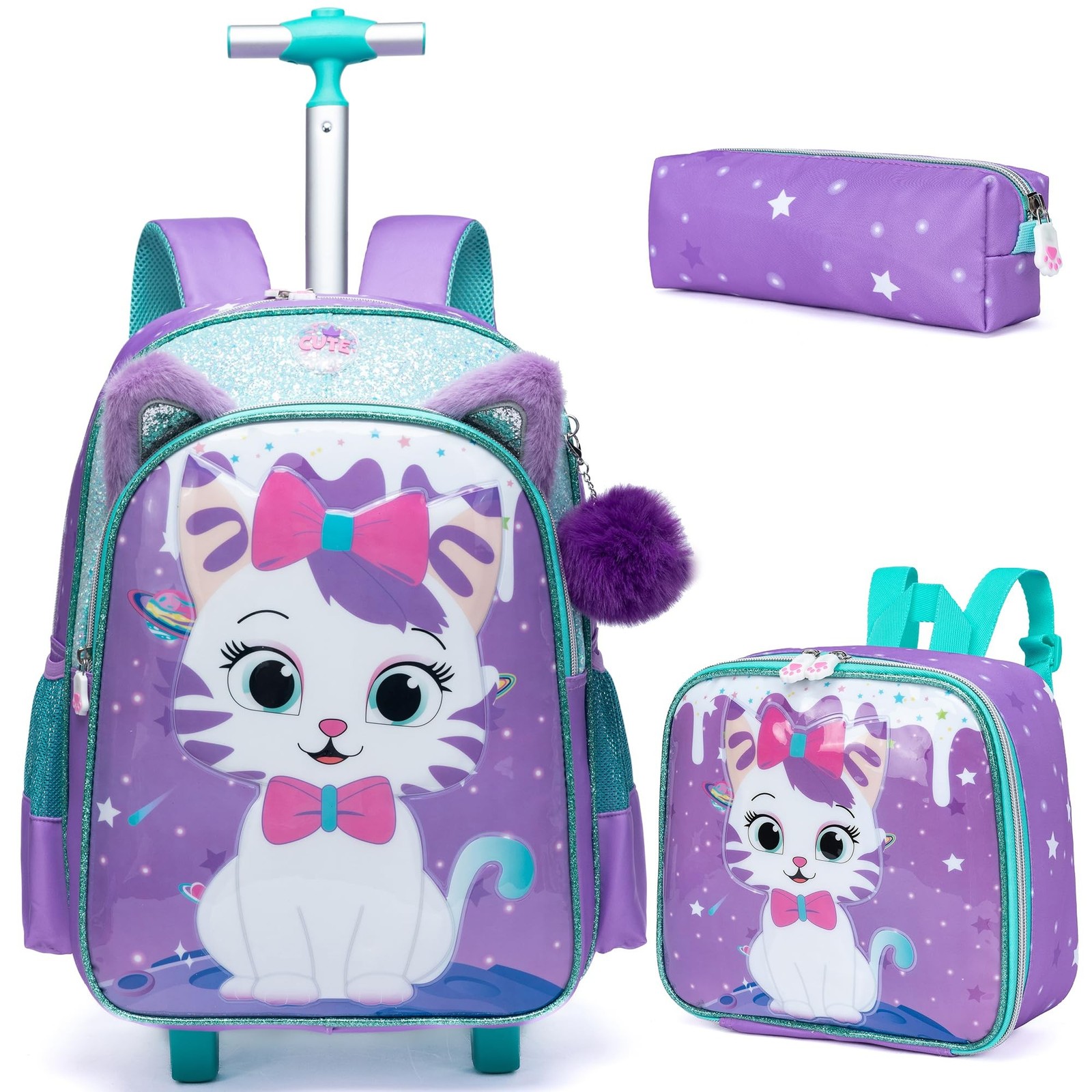 Rolling Backpack for Girls Cute Kids Rolling Backpack with Lunch Bag Kids Bac…