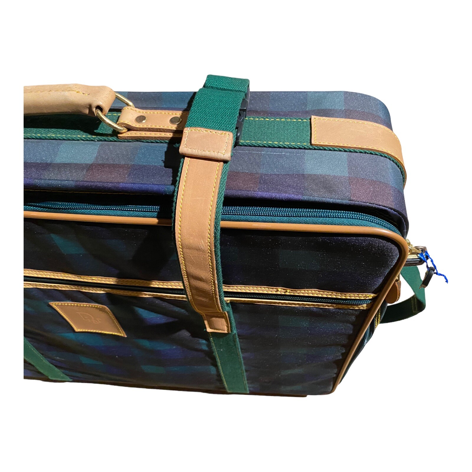 VTG Dior Travel Luggage Rolling Suitcase Plaid Green and Blue Lock & Key