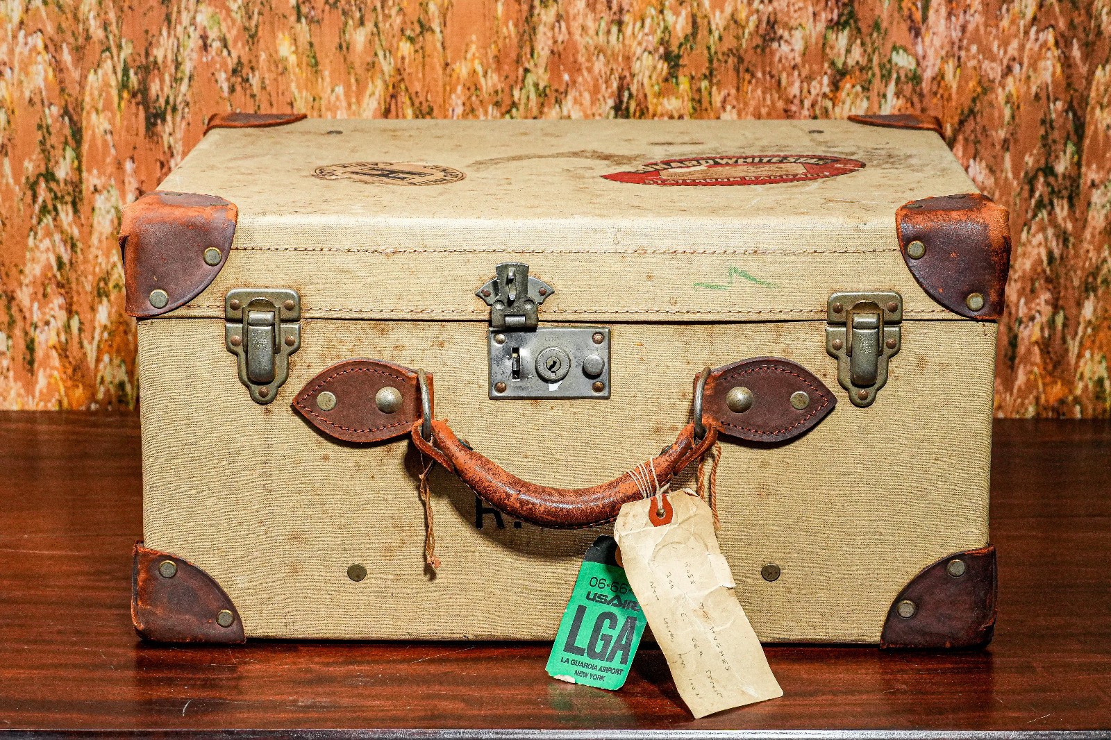 Neat 1930s Travel Trunk Luggage Suitcase Antique Leather Travel Decor Prop