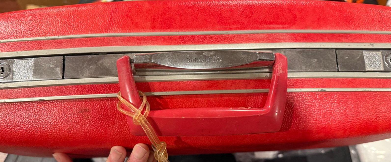 Vintage Samsonite Strawberry Red Suitcase & tote Carry On Bag seen Palm Royale