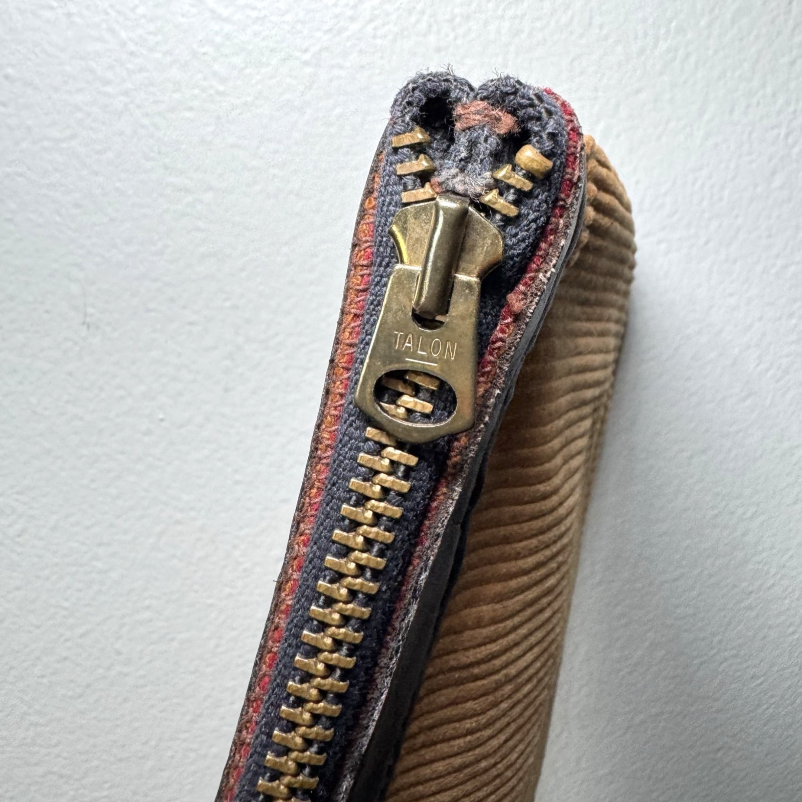 Vintage Corduroy Pouch Talon Zip Multi Travel Case Red Lining Leather Trim 70s