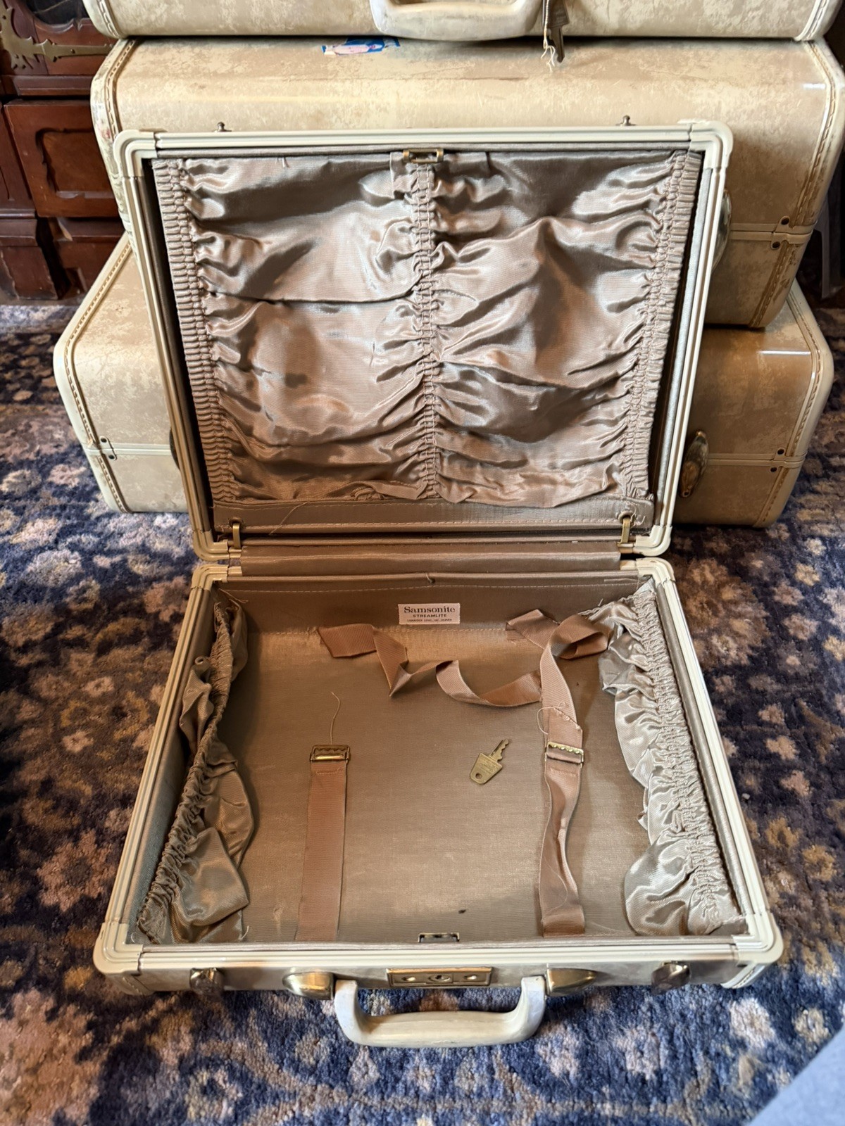 Vintage Marble White Samsonite Suitcase Luggage Train Hatbox Overnight Rawhide 6