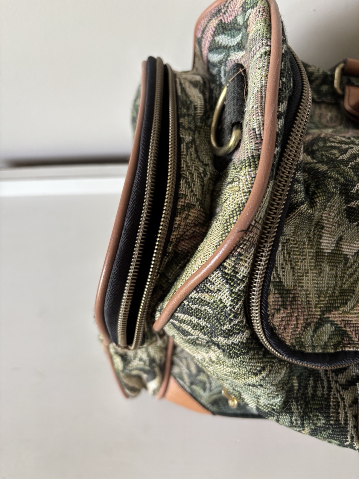 American Tourister Vintage Tapestry Duffle Bag Green Brown Leather 1990s